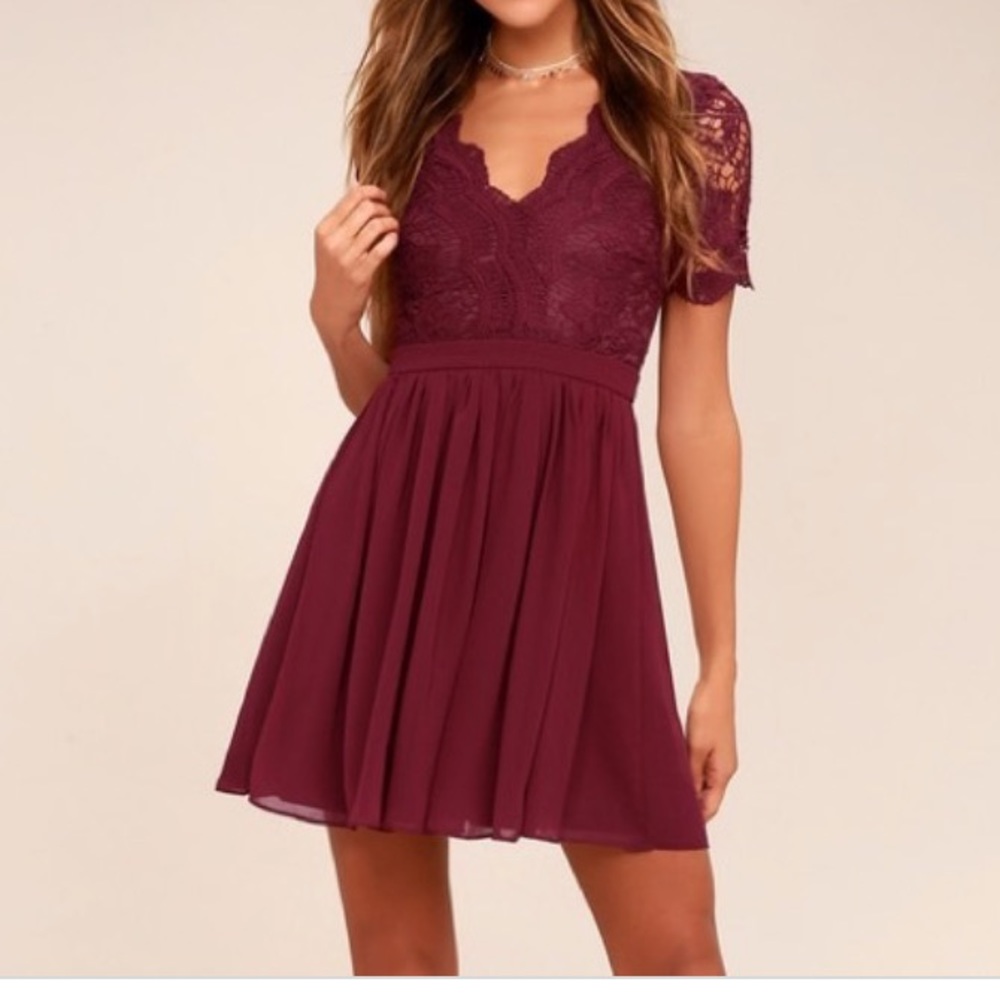 Burgundy lace fit and flare mini dress